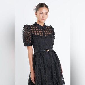 GRIDDED ORGANZA TIERED MAXI DRESS-  black